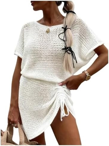 Women's Crochet Knit Beach Cover Up Cinched Waist Drawstring Mini Dress Vacation Outfits | Amazon (US)