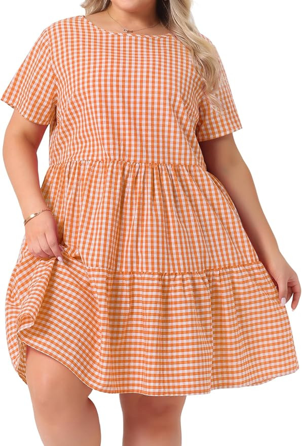 Agnes Orinda Plus Size Gingham Dresses 1950s Vintage Plaid Round Neck Short Sleeve Tiered Midi Su... | Amazon (US)