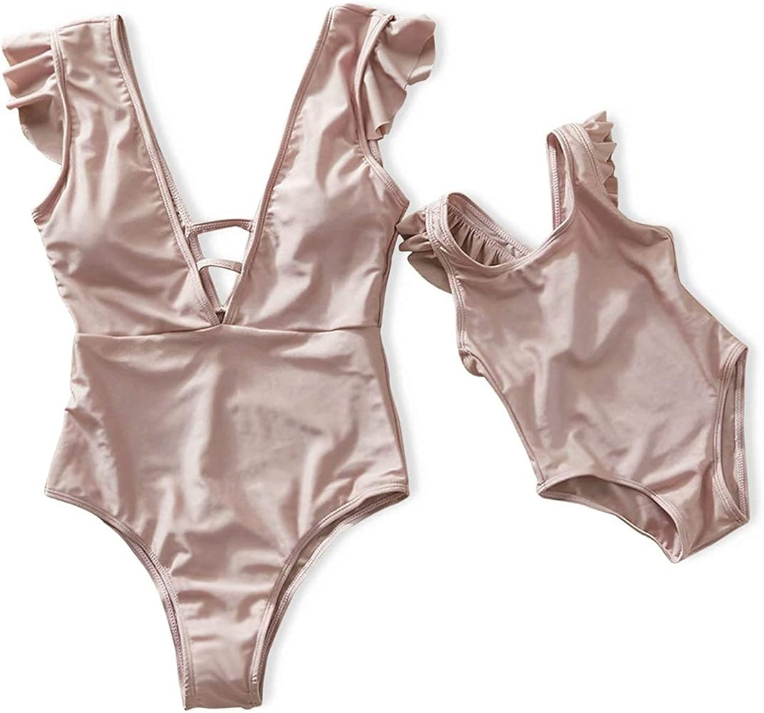 IFFEI Family Matching Swimsuits One Piece Monokini Set Pure Color V-Neck Matching Swimwear Mommy ... | Amazon (US)