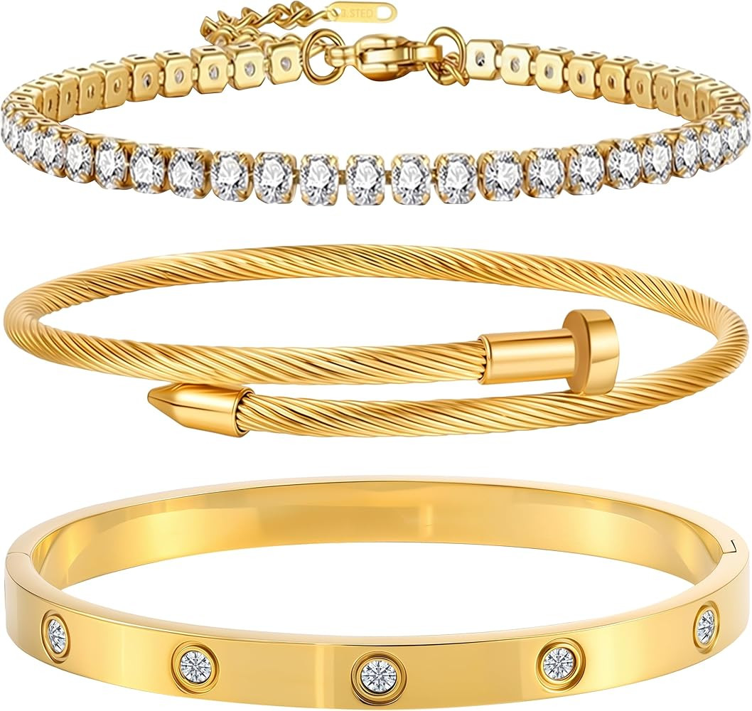 Gold Bracelets for Women-4Pcs/3Pcs,18K Gold Plated Bangle Tennis Bracelets Stack Set for Women Tr... | Amazon (US)