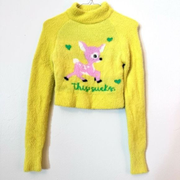 Urban Outfitters Women's Mock Neck This Sucks Sweater Long Sleeve Cropped Yellow | Poshmark