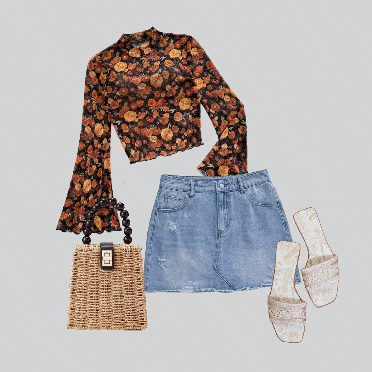 Soleia Women's Vacation Casual Tiny Ditsy Floral Stand Collar Flare Sleeve Top | SHEIN