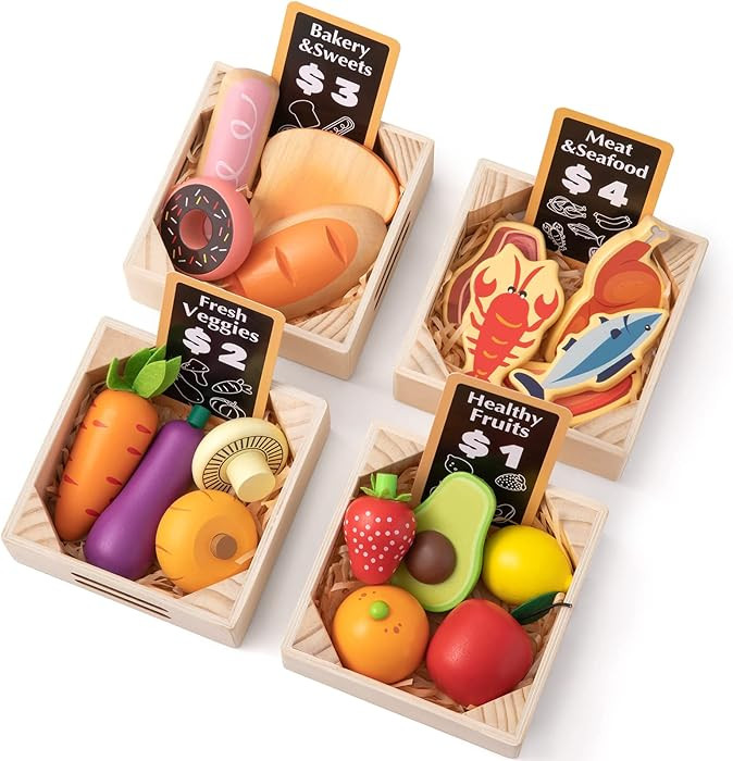 Tiny Land Wooden Play Food Sets, 43 Pieces, Pretend Food Play Kitchen Accessories Set | Amazon (US)