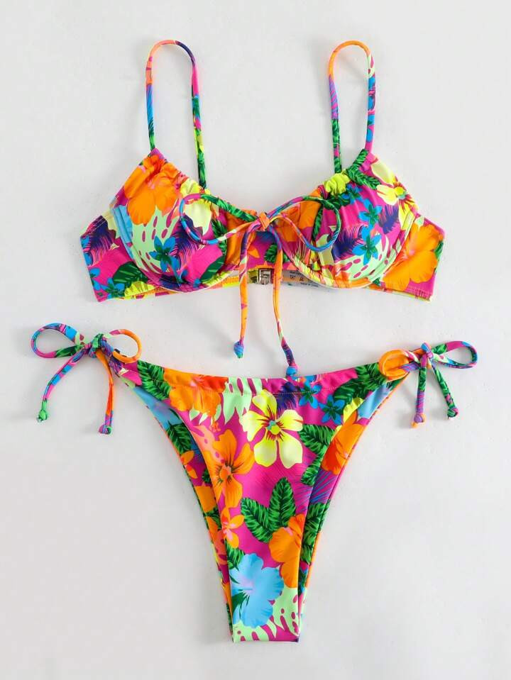 SHEIN Swim Vcay Tropical Print Underwire Tie Side Bikini Swimsuit | SHEIN