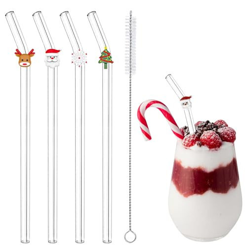 4 Pcs Christmas Reusable Glass Straws, Cute Christmas Shaped with Cleaning Brush for Coffee, Smoothies, Milkshake, Glass Straws with Charms for Xmas Party and Decoration, Christmas Gift | Amazon (US)