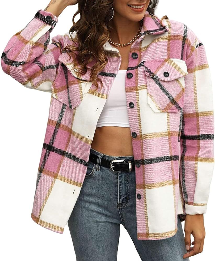 AUTOMET Womens Casual Plaid Shacket Wool Blend Button Down Long Sleeve Shirt Fall Jacket Shackets | Amazon (US)
