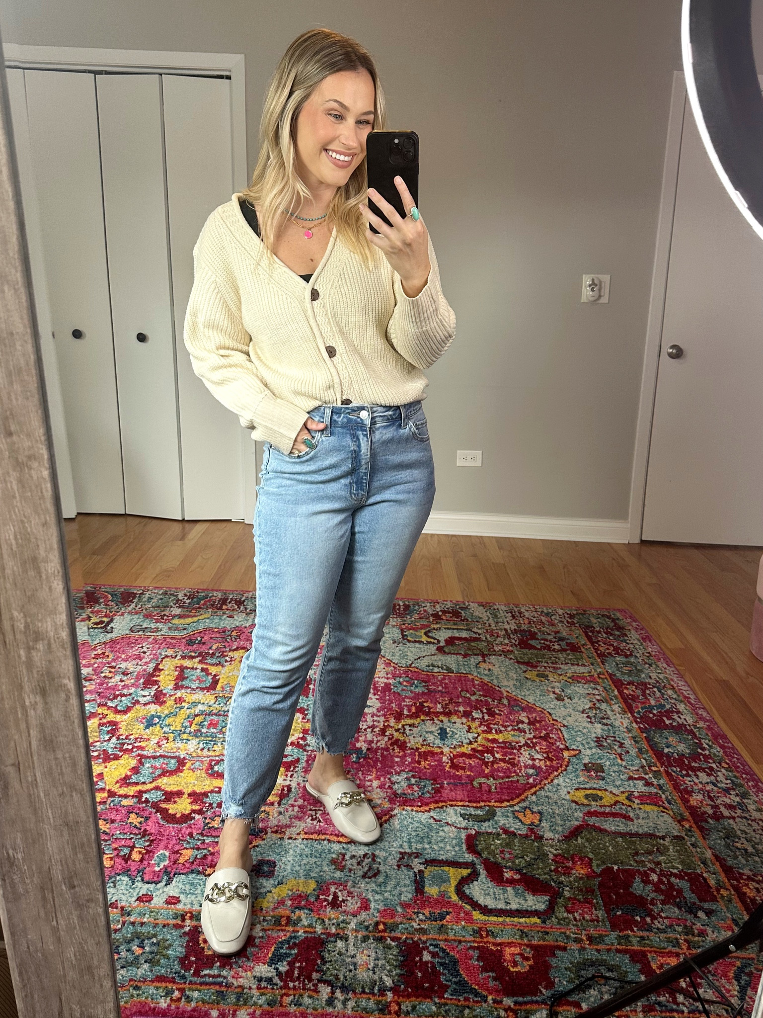 Affordable fall outfit : this sweater is a free people inspired amazon find, jeans are under $20 and so comfy, and my mules, necklaces and bodysuit are all amazon fashion finds #falloutfits 

#LTKfindsunder50 #LTKsalealert #LTKshoecrush
