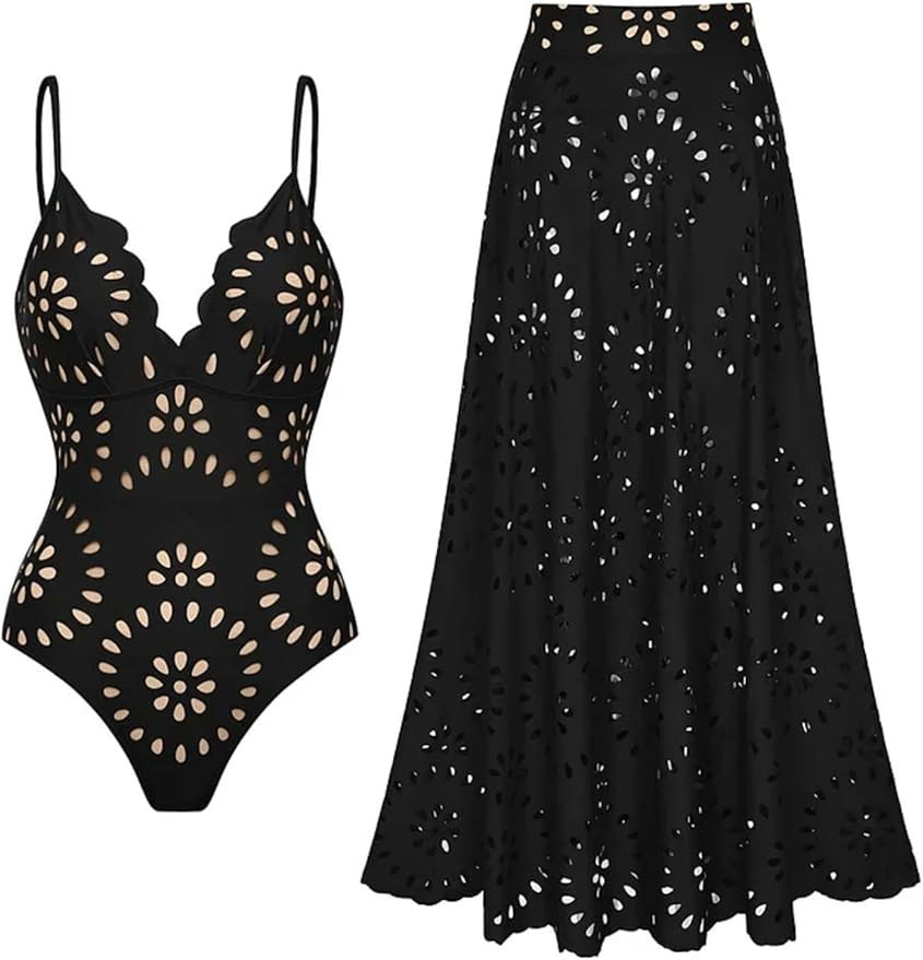 FLAXMAKER Women's One Piece Bathing Suit Petal Hollow V Neck Swimsuit and Skirt | Amazon (US)