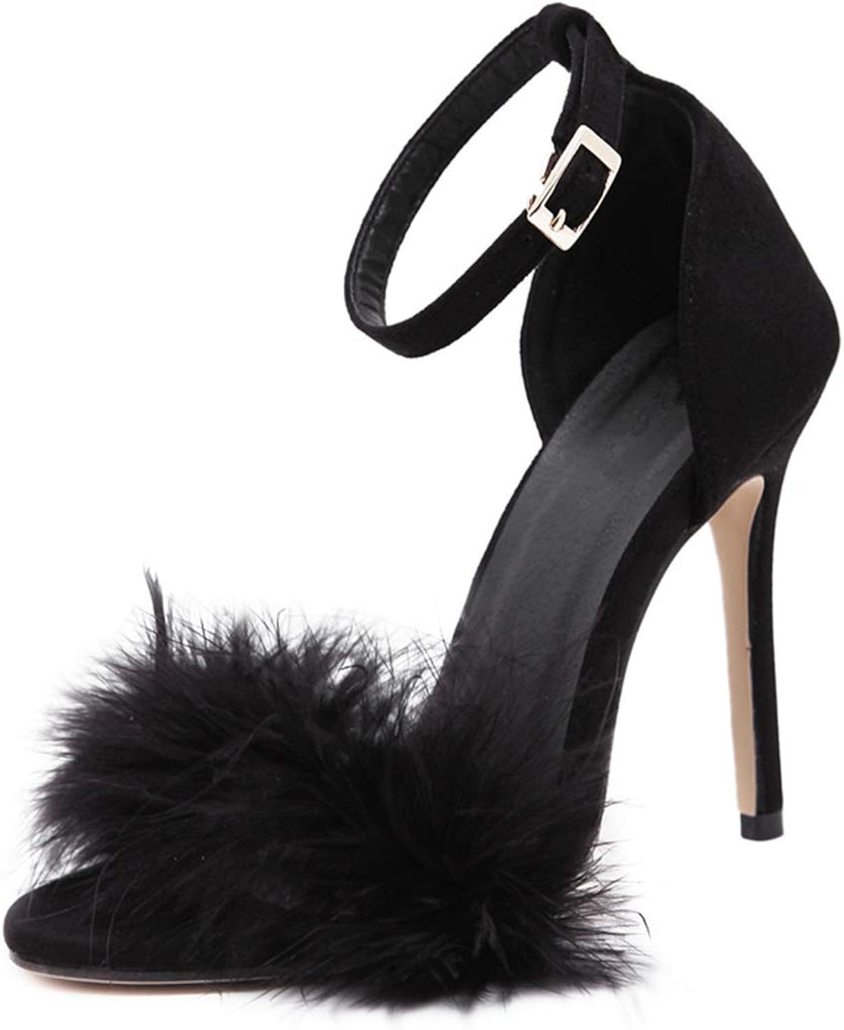 YIBLBOX Women's Feather Heels Open Toe Sandal Fluffy Fur High Heel Shoes Ankle Strap Stiletto Pump for Wedding Party Dance Evening | Amazon (US)