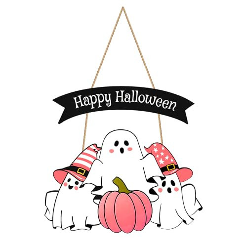 Pink Halloween Decor, Happy Halloween Door Decorations As Pink Pumpkins And Pink Ghost Decorations,Pink Halloween Decorations In Halloween Wreath And Pink Ghost Decor,Wooden Pastel Halloween Door Sign | Amazon (US)