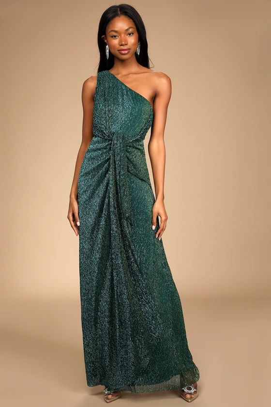 Glamorous Glitz Shiny Teal Green One-Shoulder Maxi Dress | Lulus (US)