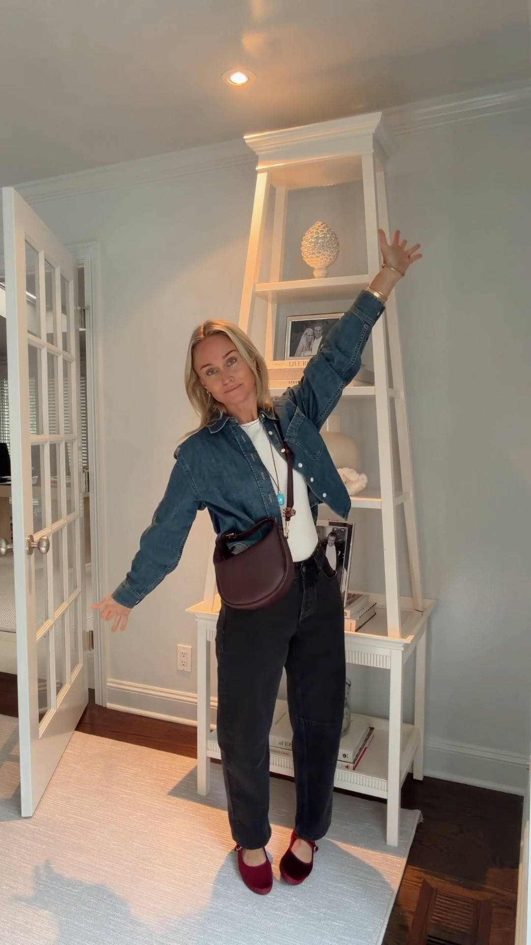 Easy everyday mom outfit that you will actually wear. Denim shirt, white tee, and a very subtle washed black barrel leg denim. The jeans and denim shirt are on sale!