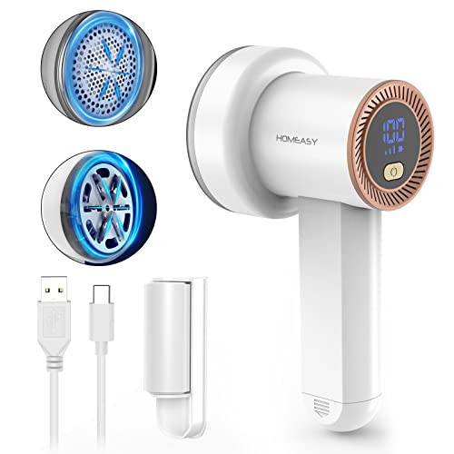 Fabric Shaver Fuzz Remover Rechargeable, HOMEASY Electric Lint Remover Shaver with 3 Blades & LED Digital Display, Sweater Couch Fabric Pill Shaver for Sweater, Couch, Furniture (White) | Amazon (US)