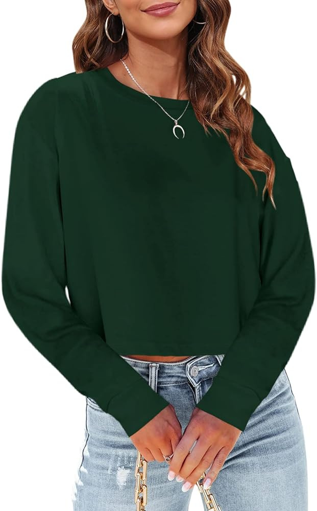 Tankaneo Womens Long Sleeve Crop Tops Fall Cropped Sweatshirts 2024 Crew Neck Casual Shirts | Amazon (US)