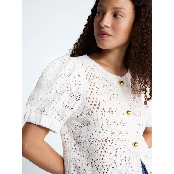 Free Assembly Women's and Women's Plus Pineapple Cardigan Sweater with Short Puff Sleeves, Lightw... | Walmart (US)