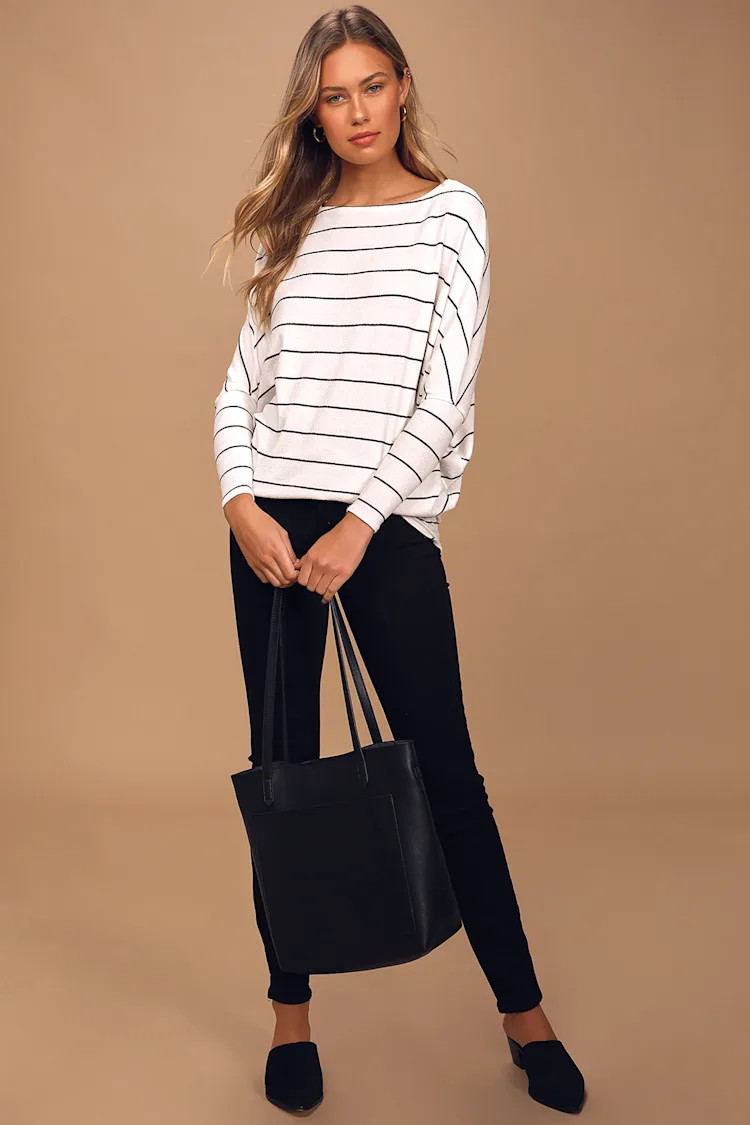 Verla White and Black Striped Dolman Sleeve Sweater Top | Lulus