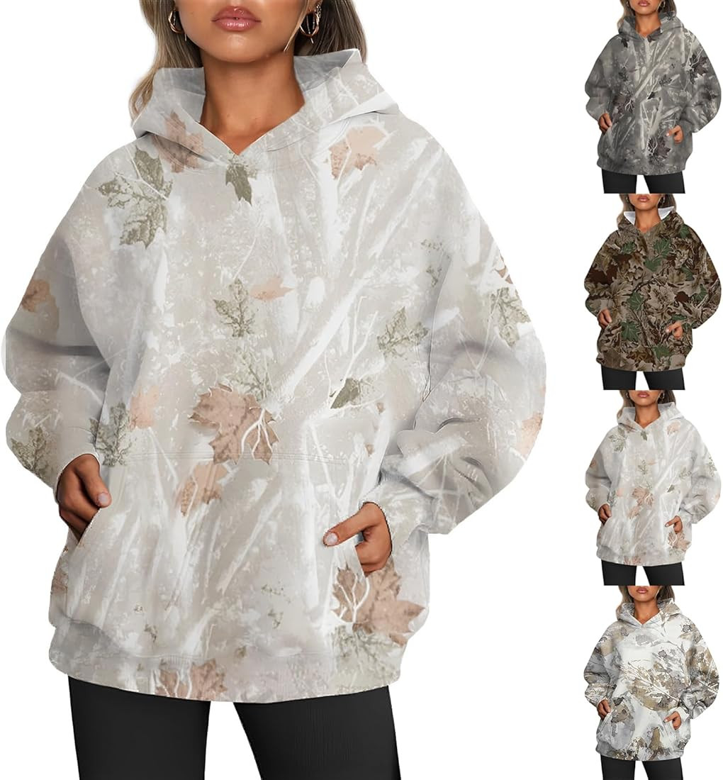 Women Camo Hoodie Maple-Leaf Print Oversized Sweatshirt Fleece Hooded Camo Sweatshirts Casual Loo... | Amazon (US)