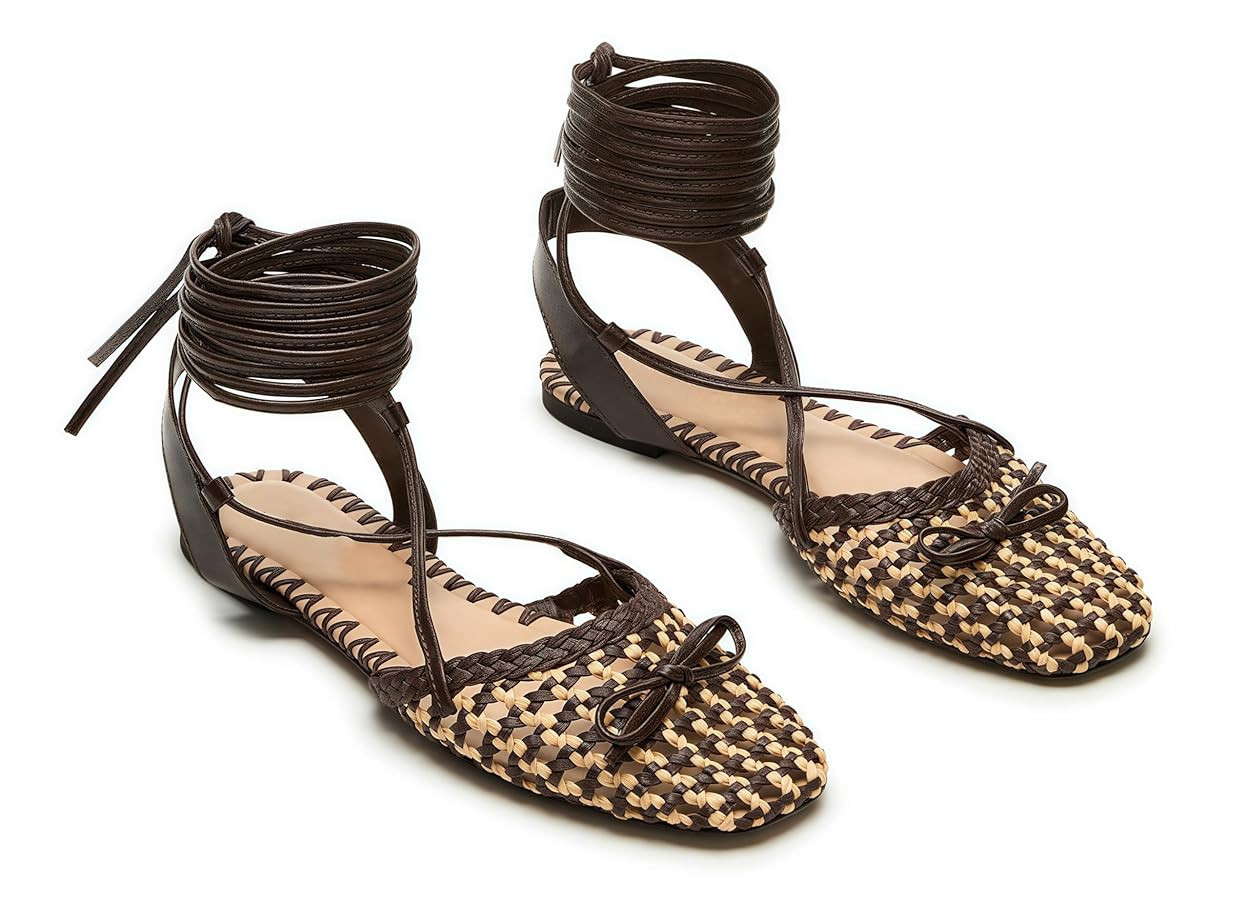 Woven Ballet Flats for Women Lace Up Closed Square Toe Summer Flats Shoes | Amazon (US)