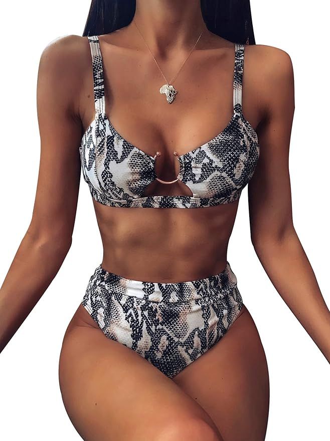 EJsoyo Women High Waisted Bikini Ring Sexy Snakeskin Print Black Swimwear Brazilian 2 Piece Swims... | Amazon (US)