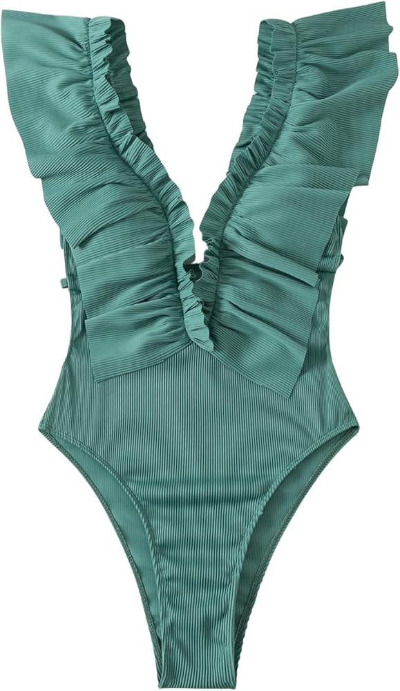 SweatyRocks Women's Deep V Neck High Cut One Piece Swimsuit Ruffle Trim Ribbed Bathing Suit Swimwear | Amazon (US)