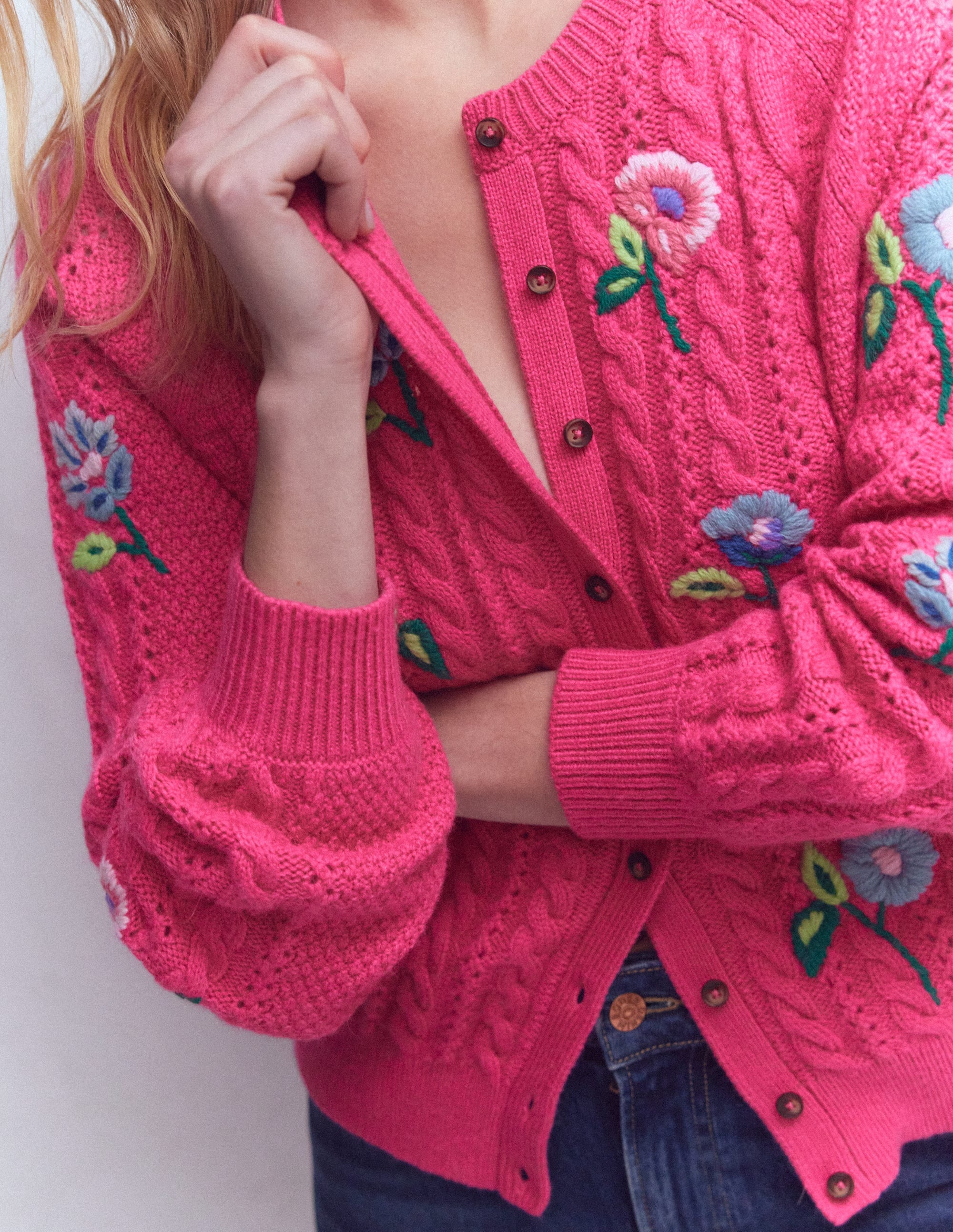 Liv Embroidered Cable Cardigan-Pink Peony | Boden (US)