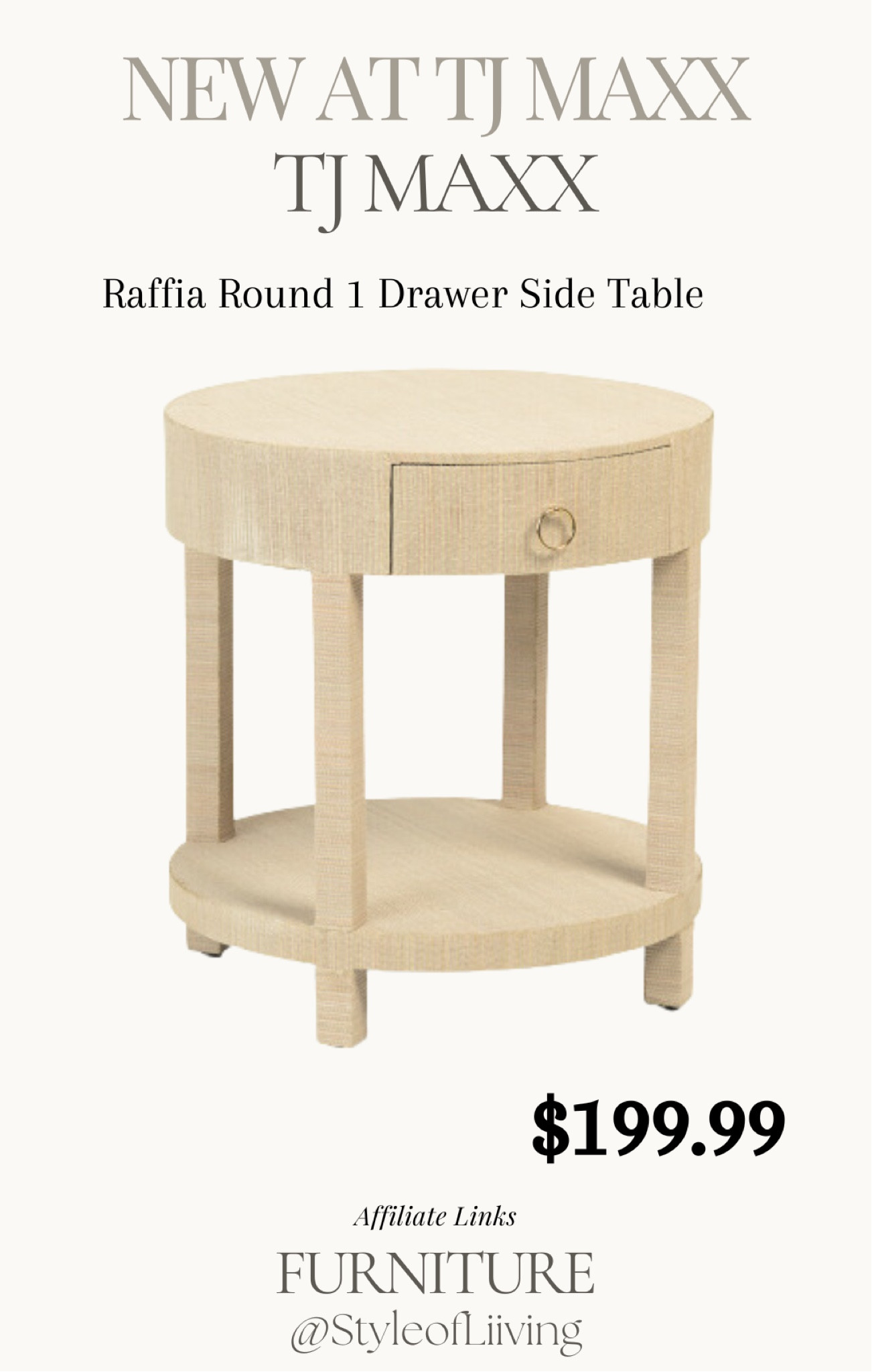 New at TJ Maxx raffia round 1 drawer side table. Affordable furniture.

#LTKHome #LTKStyleTip #LTKSeasonal