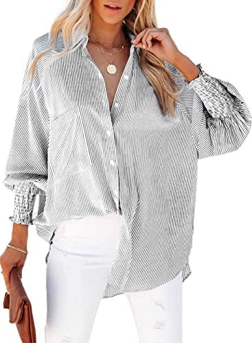 Womens Smocked Cuffed Striped Boyfriend Shirt Casual Collar Long Sleeve Oversized Button Down Blo... | Amazon (US)