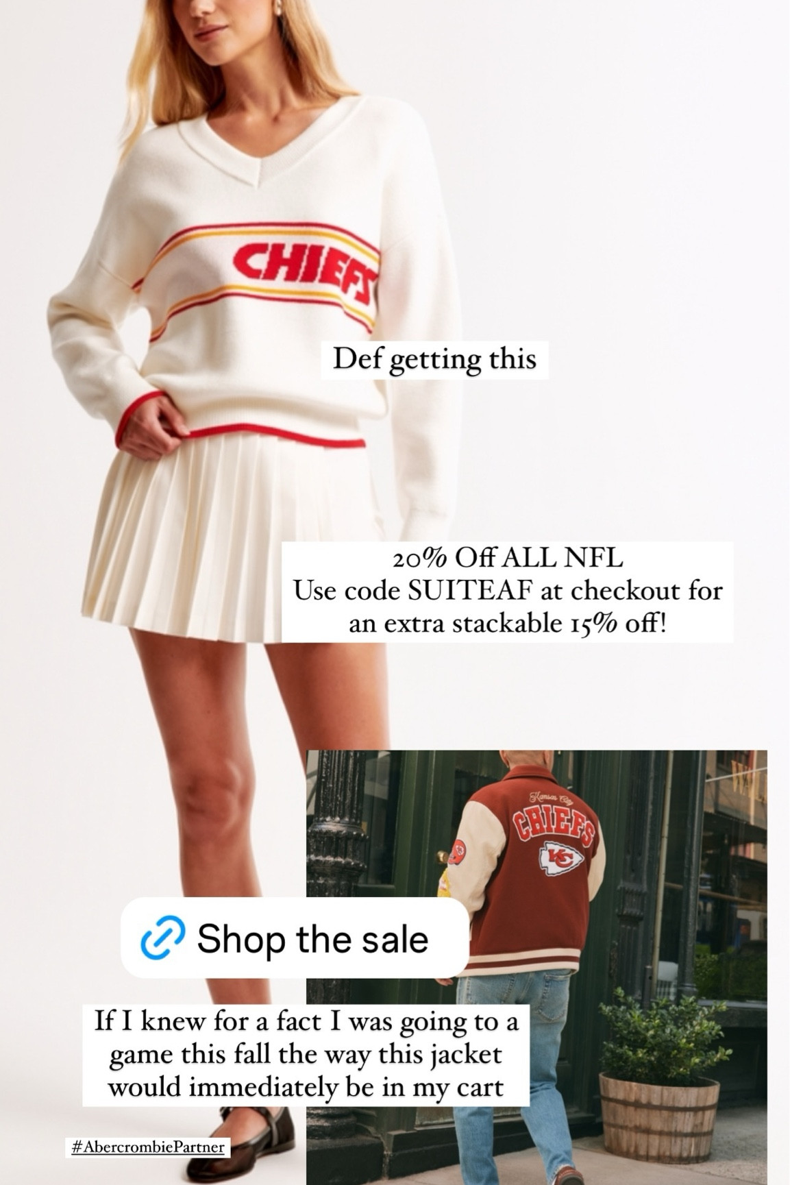 20% Off ALL NFL 
Use code SUITEAF at checkout for an extra stackable 15% off! Def getting this If I knew for a fact I was going to a game this fall the way this jacket would immediately be in my cart  #AbercrombiePartner