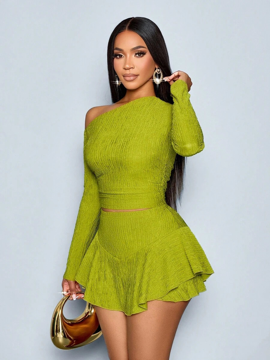 SOLERSUN Women's Elegant Asymmetrical Neck Long Sleeve Tops And Asymmetric Shorts Two Pieces Sets... | SHEIN