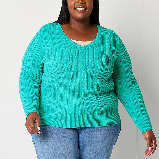 St. John's Bay Plus Womens V Neck Long Sleeve Cable Knit Pullover Sweater - JCPenney | JCPenney