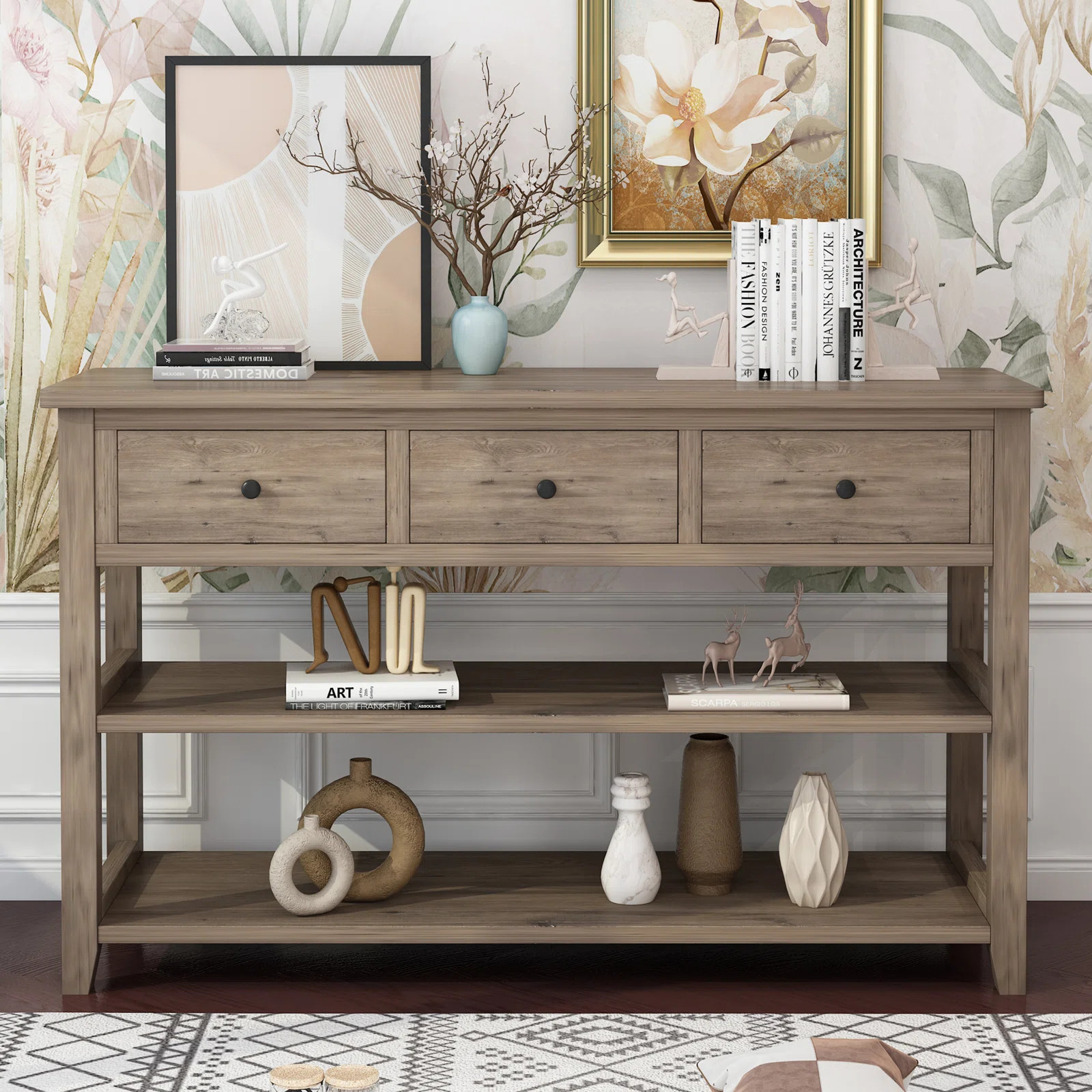 Nibbi 47" Console Table with Wood Frame and Legs, 3 Drawers and 2 Open Shelves Gray | Wayfair North America