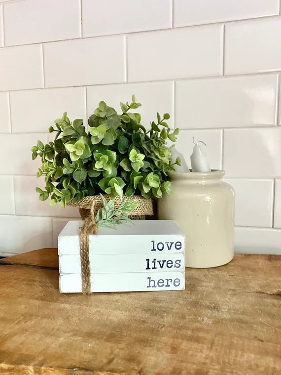 Stamped Books / Love Lives Here / Mini Books / Wooden Books / Tiered Tray Decor | Etsy (US)