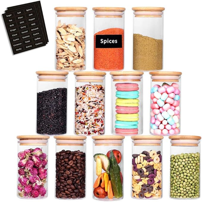 SAIOOL Glass Jars Set of 12,Upgrade Spice Jars Glass with Wood Airtight Lids and Labels, 8.5oz Sm... | Amazon (US)