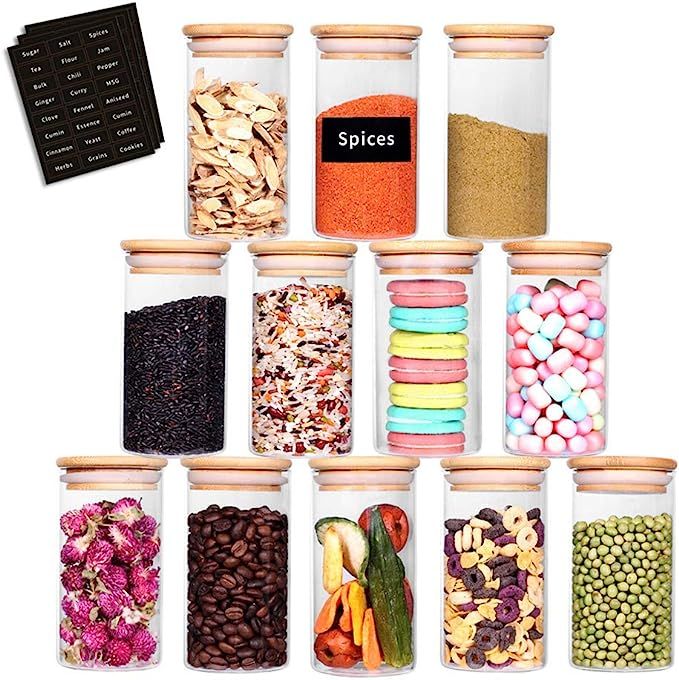 SAIOOL Glass Jars Set of 12,Upgrade Spice Jars Glass with Wood Airtight Lids and Labels, 8.5oz Sm... | Amazon (US)