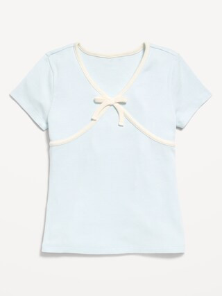 Fitted Short-Sleeve Ribbed Bow Top for Girls | Old Navy (US)
