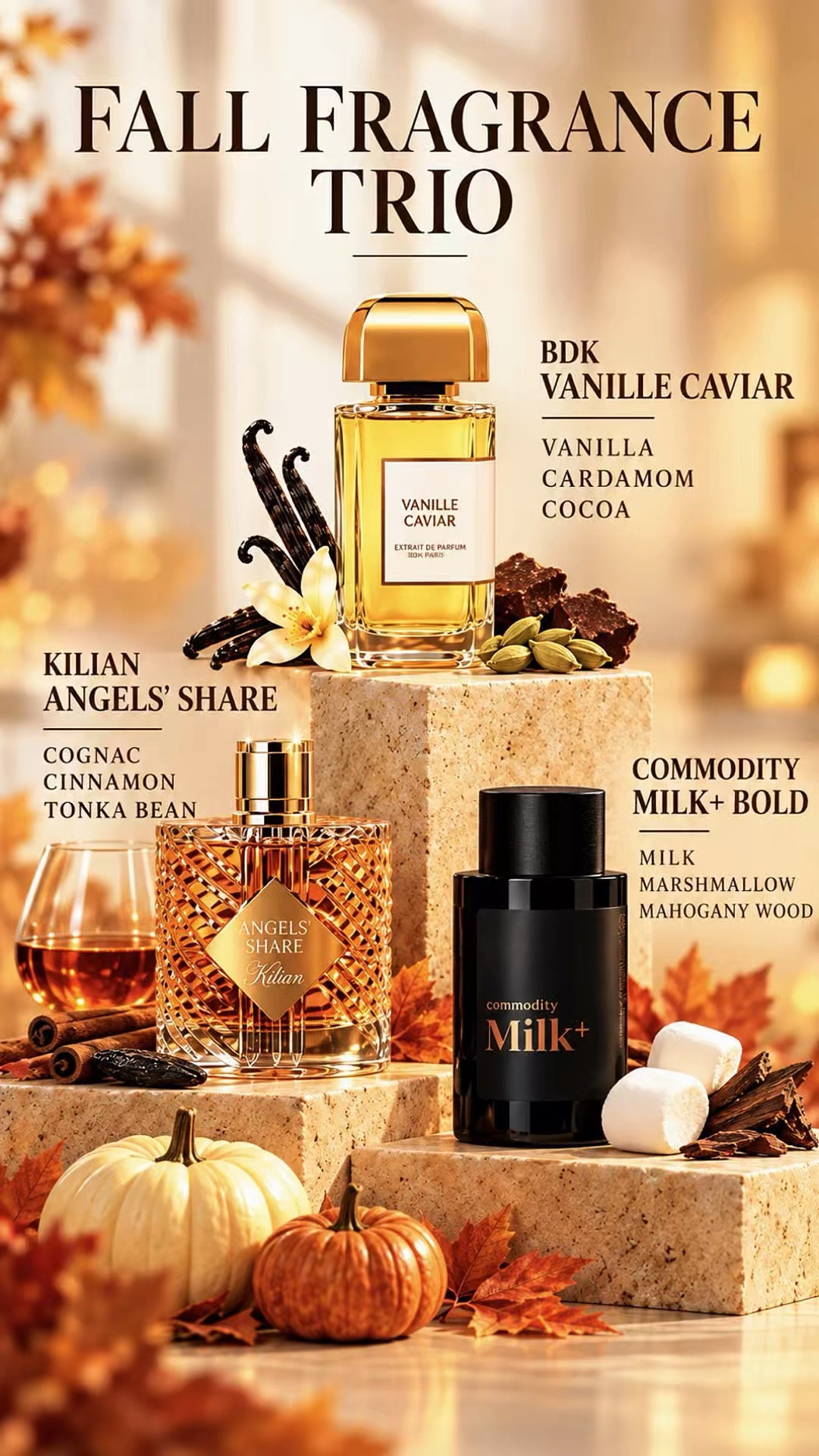 My fall fragrance trio: Kilian Angels’ Share, BDK Vanille Caviar, and Commodity Milk Bold. Rich, boozy sweetness, decadent vanilla, and smoky woods. Three different moods I keep reaching for, with Angels’ Share still holding the top spot in my collection. 🤎

#LTKselfcare #LTKBeauty #LTKSeasonal