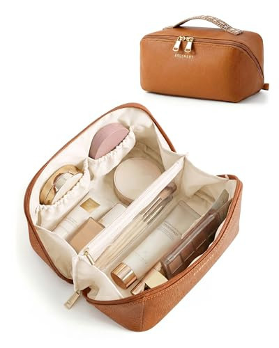 BAGSMART Makeup Bag Travel Cosmetic Bag, Large Make Up Bag Flat Open Toiletry Bag for Women, PU Leather Travel Essentials Organizer Case, Wide-open Pouch Purse for Skincare, Brushes, Vintage Brown | Amazon (US)