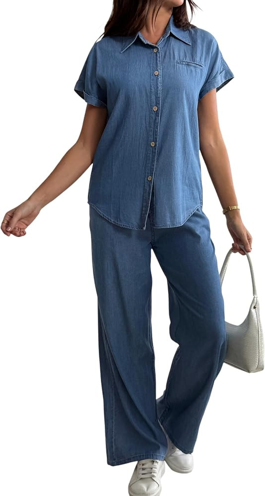 heipeiwa Women's 2 Piece Denim Outfits Summer Lightweight Short Sleeve Button Down Shirts Wide Leg Jean Pant Sets Tracksuit | Amazon (US)