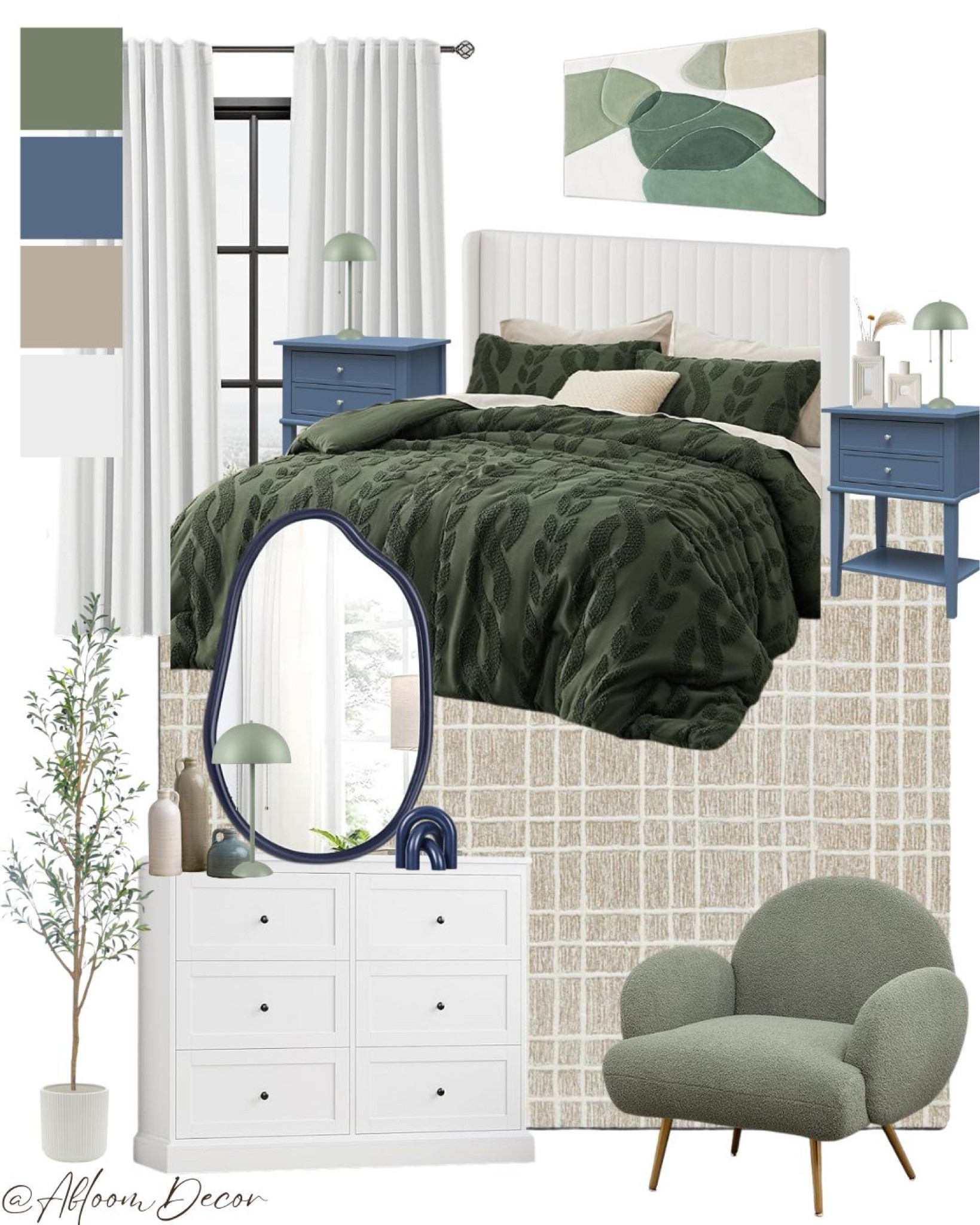 This modern eclectic bedroom design combines deep greens and soothing blues. It has a clean, relaxed feel to it.

#LTKHome