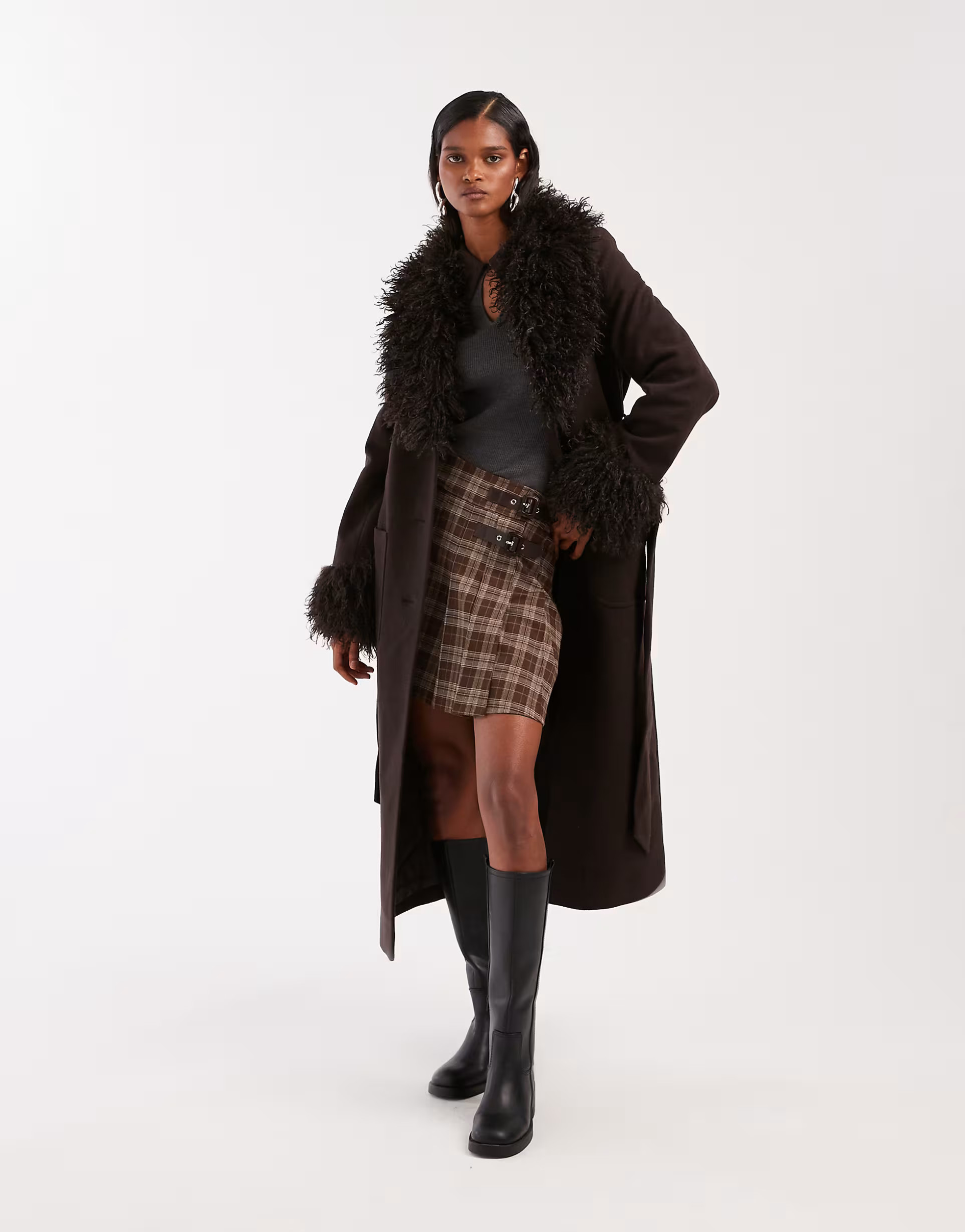 & Other Stories wool belted midaxi coat in brown with faux fur trim | ASOS | ASOS (Global)