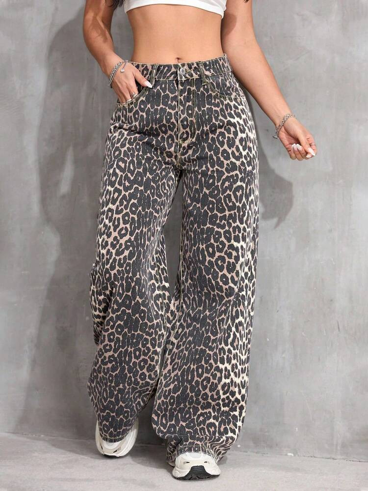 SHEIN Tall Women Leopard Print Straight Leg Jeans | SHEIN