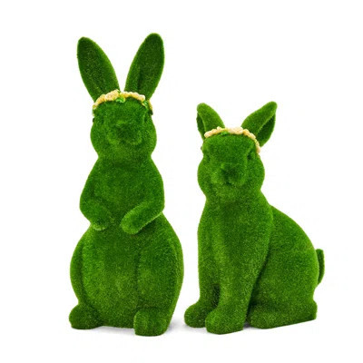 Set Of 2 Easter Green Flocked Bunny Table Decor With Floral Crown | Wayfair North America