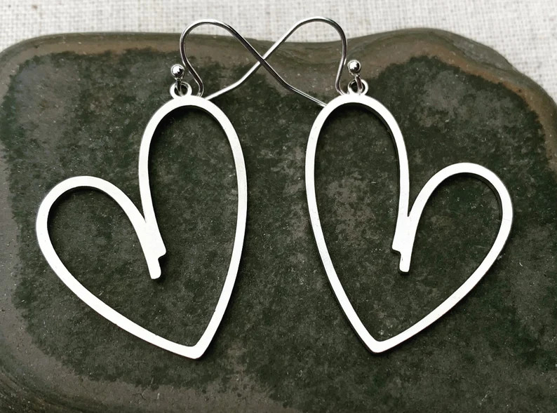 SALE Modern Heart Earrings Silver Heart Earrings Heart Dangle Earrings Valentine's Day Earrings V... | Etsy (US)