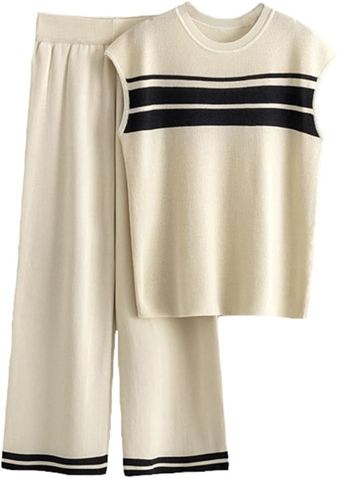 Women 2 Piece Lounge Sets Sleeveless Knit Sweater Tops Wide Leg Pants Matching Set | Amazon (US)