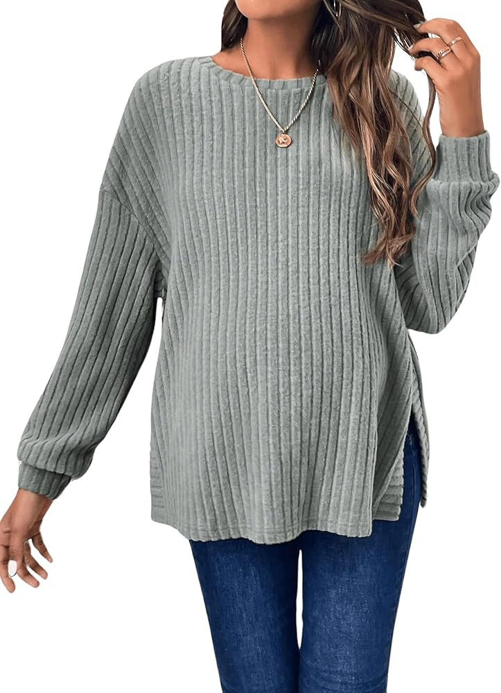 MakeMeChic Women's Maternity Shirt Ribbed Knit Split Hem Crewneck Drop Shoulder Nursing Tee Tops | Amazon (US)