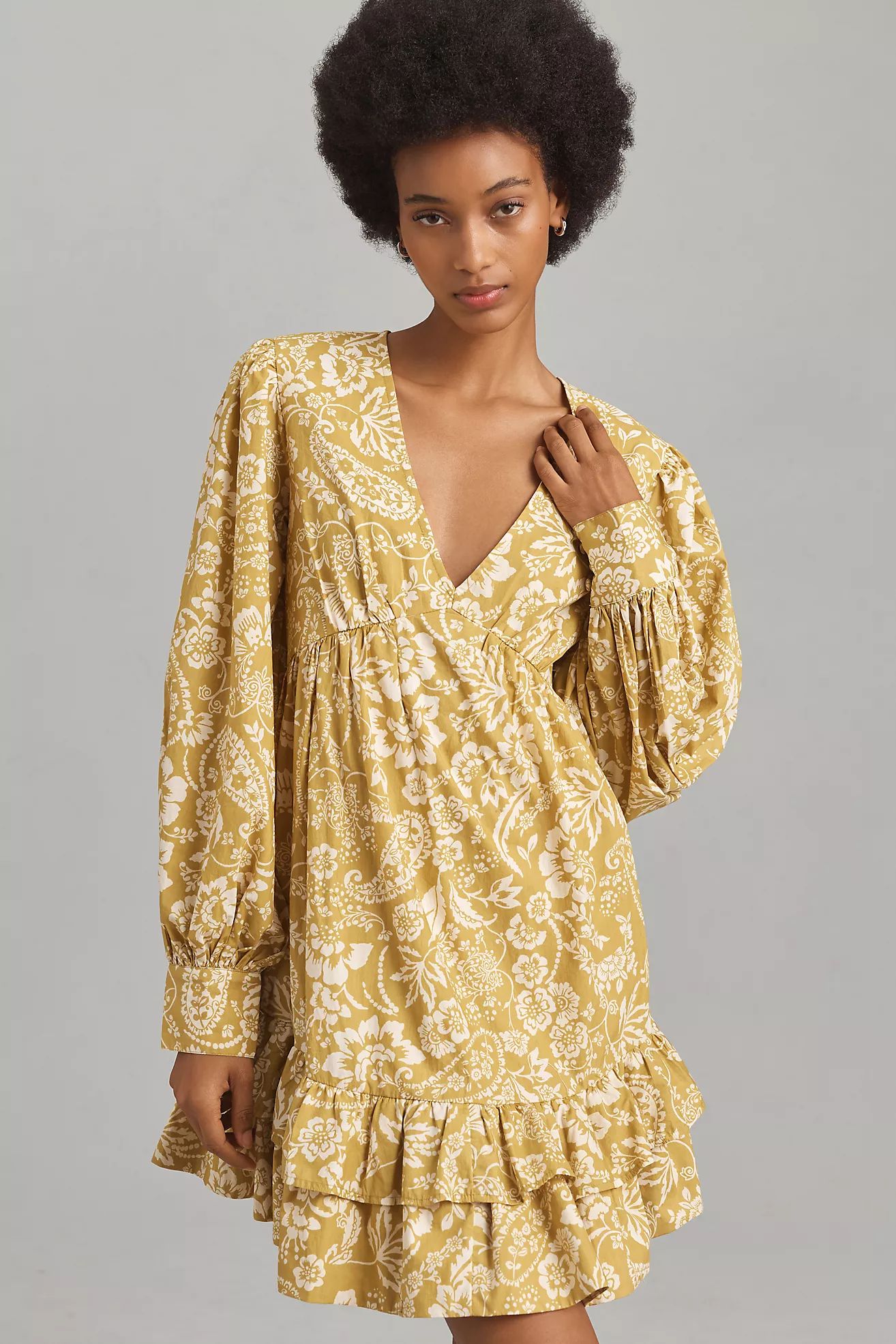 Maeve Long-Sleeve V-Neck Ruffle Mini Dress | Anthropologie (US)