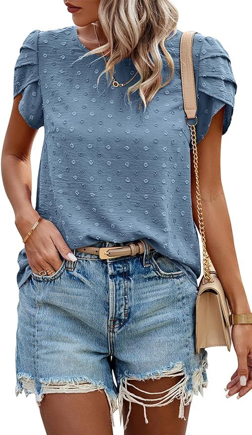 PRETTYGARDEN Women Short Sleeve Swiss Dot Tops 2024 Summer Casual Crewneck Blouse Tunic Tee Shirt | Amazon (US)