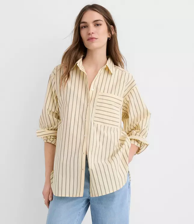 Petite Striped Poplin Everyday Oversized Pocket Shirt | LOFT