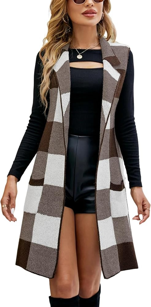 UANEO Womens Sleeveless Cardigans Long Plaid Sweater Vest Knitted Open Front Jackets with Pockets | Amazon (US)