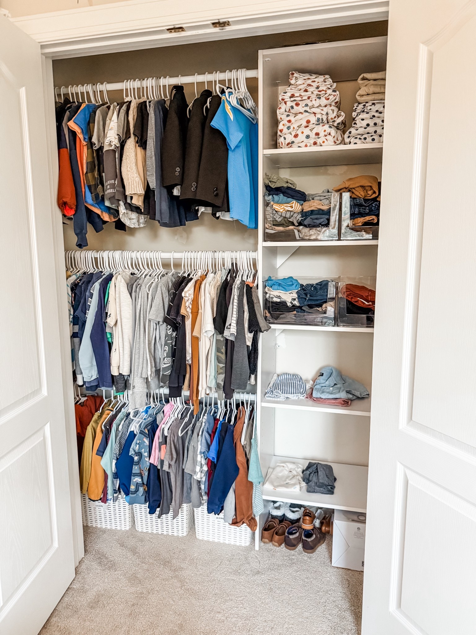 DIY CLOSET ORGANIZATION SYSTEM- so easy to put together and makes such a difference in your everyday life!  Utilizes all the space in your closet and keeps you organized. 

#LTKmomlife #LTKKids #LTKHome